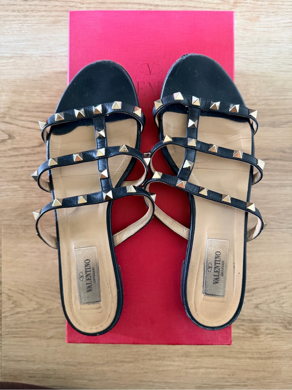 Valentino Black Leather Studded Strappy Flat Sandals